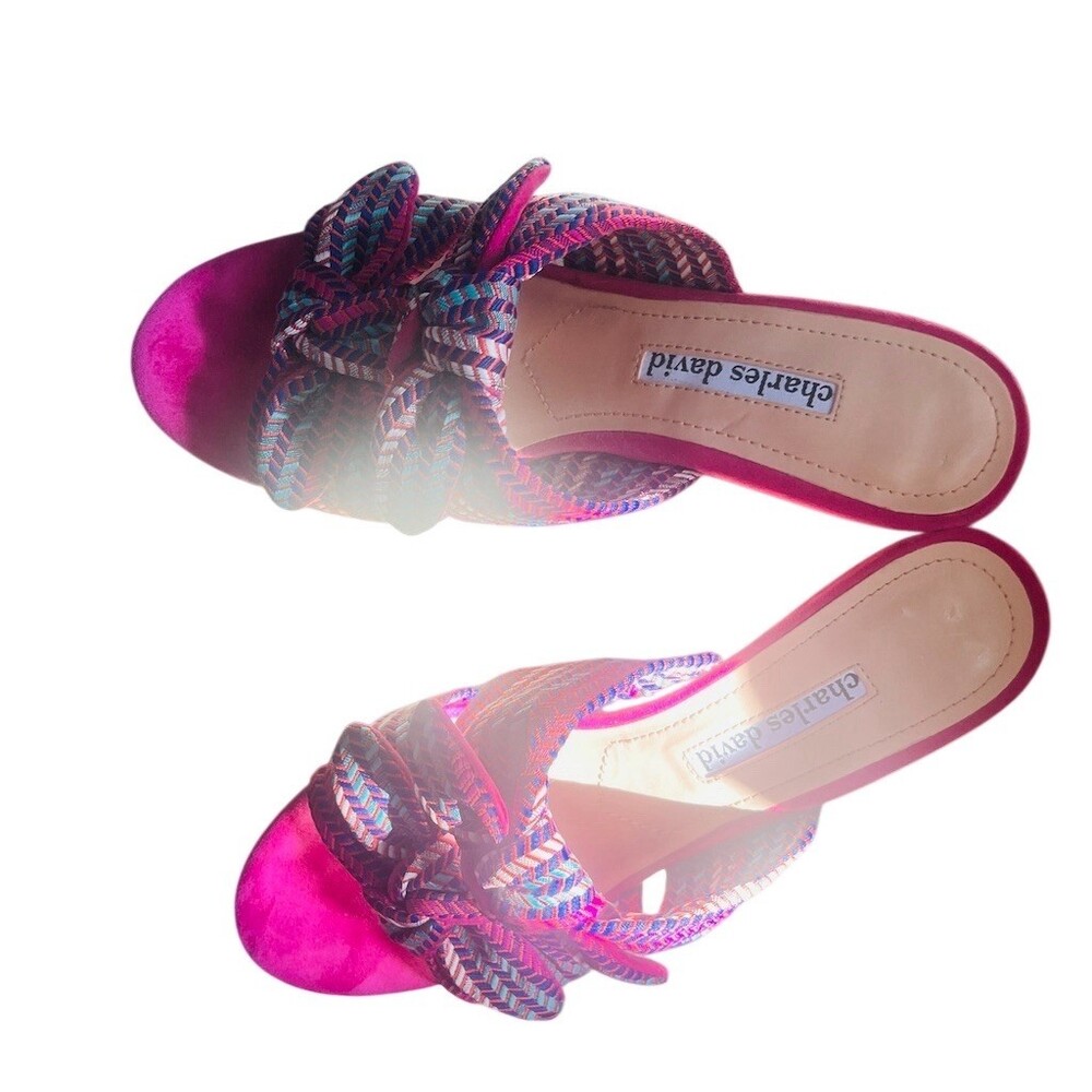 Charles David Womens Slide Sandals Size 6M Magenta Open Toe Bow Chevron